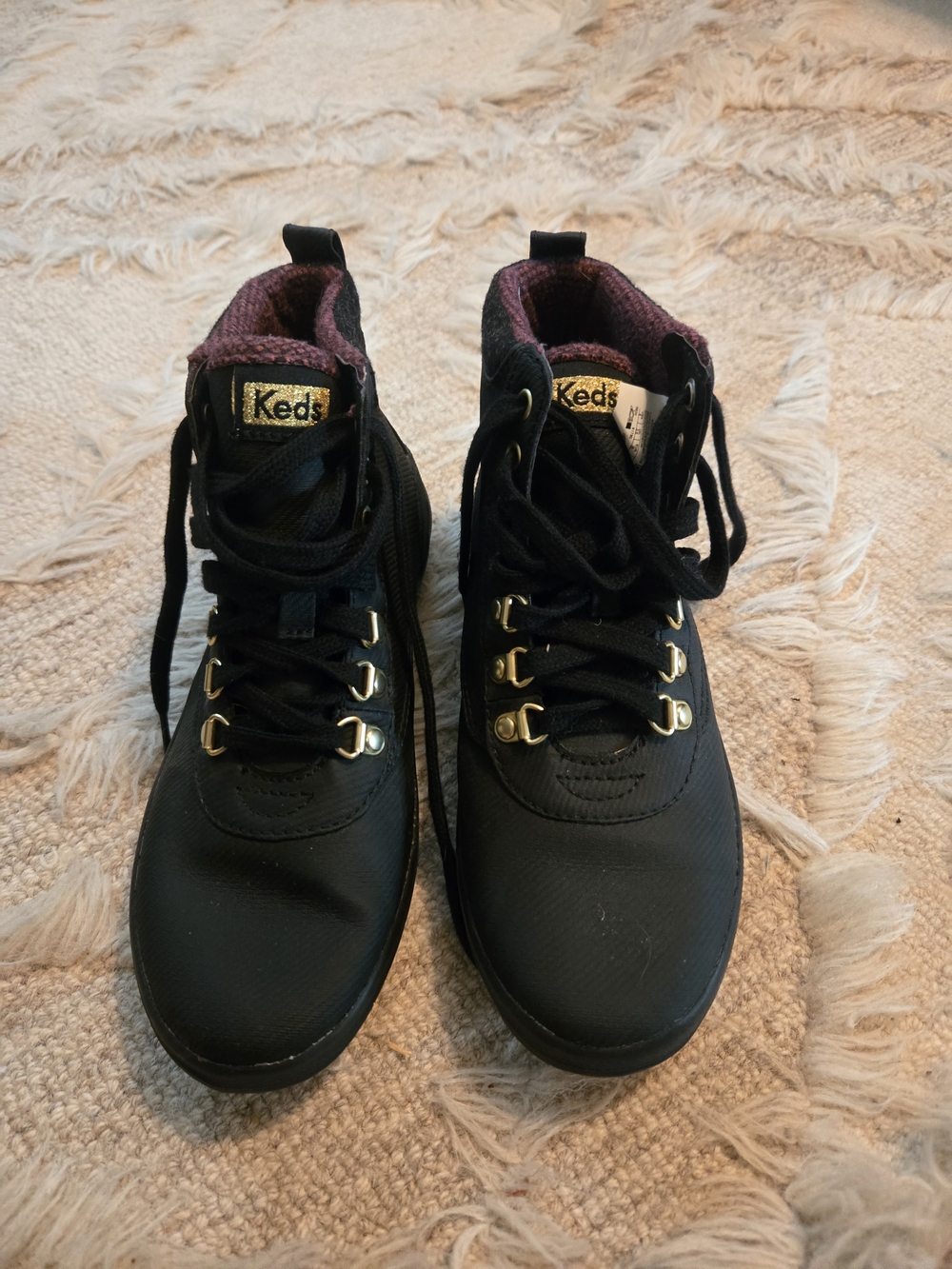 Keds Black Boots with Maroon Lining and Gold Eyelets